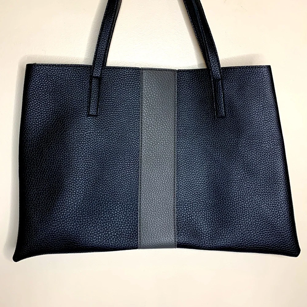 Vince Camuto | Black Leather Gray Stripe Shoulder Carry Tote Bag | Pebble Camuto